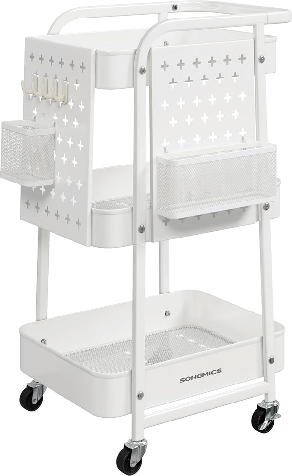 Cărucior de bucătărie cu 3 polițe, 2 coșuri suspendate și 4 cârlige, 32,3 x 49,4 x 73,9 cm, alb