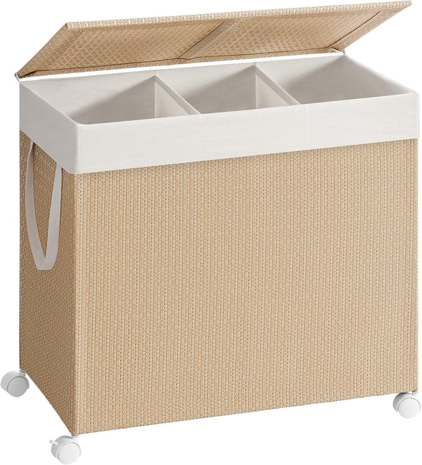 Coș de rufe cu 3 compartimente, 66,5 x 37,5 x 65 cm, culoare bej și albă