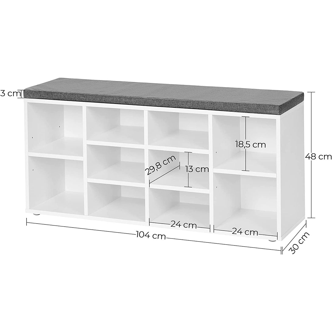 Bancă pentru pantofi cu 10 compartimente cu căptușeală 104x30x48 cm, alb