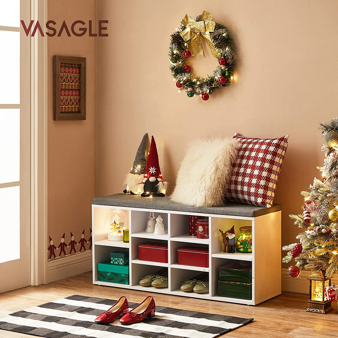 Bancă pentru pantofi cu 10 compartimente cu căptușeală 104x30x48 cm, alb