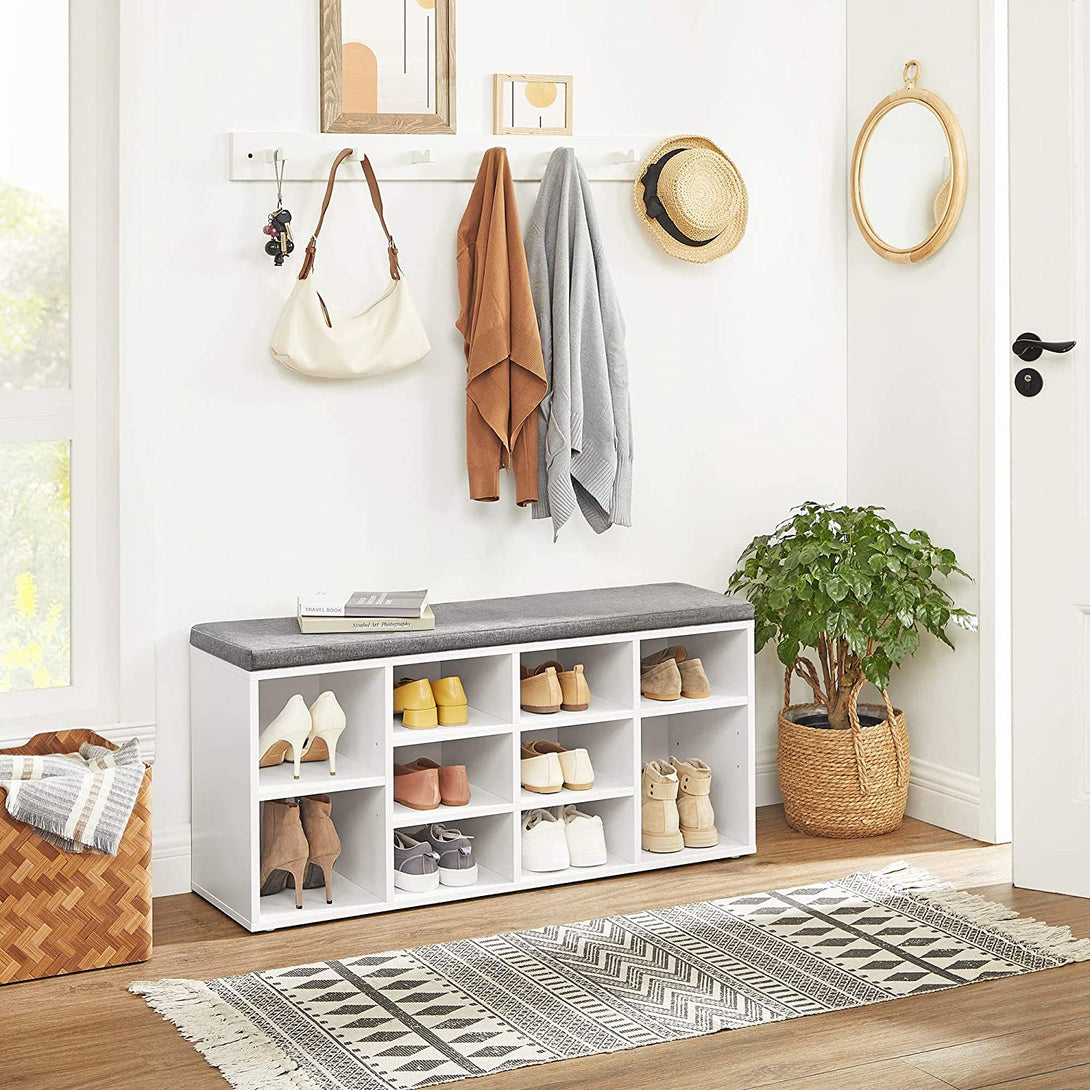 Bancă pentru pantofi cu 10 compartimente cu căptușeală 104x30x48 cm, alb