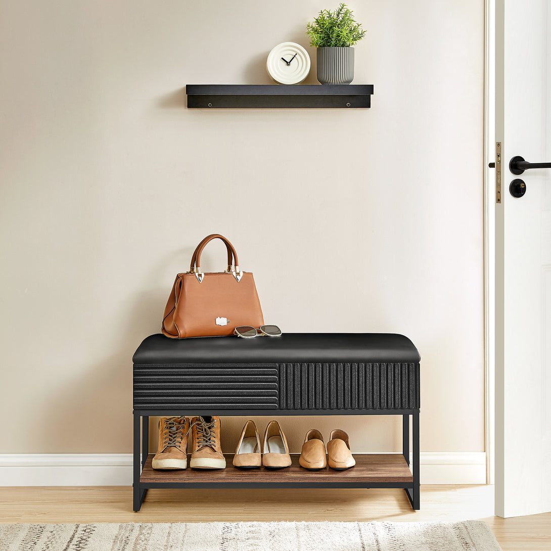 Bancheta cu spatiu de depozitare , 80x35x46 cm, MDF/PAL/poliuretan, maro/negru