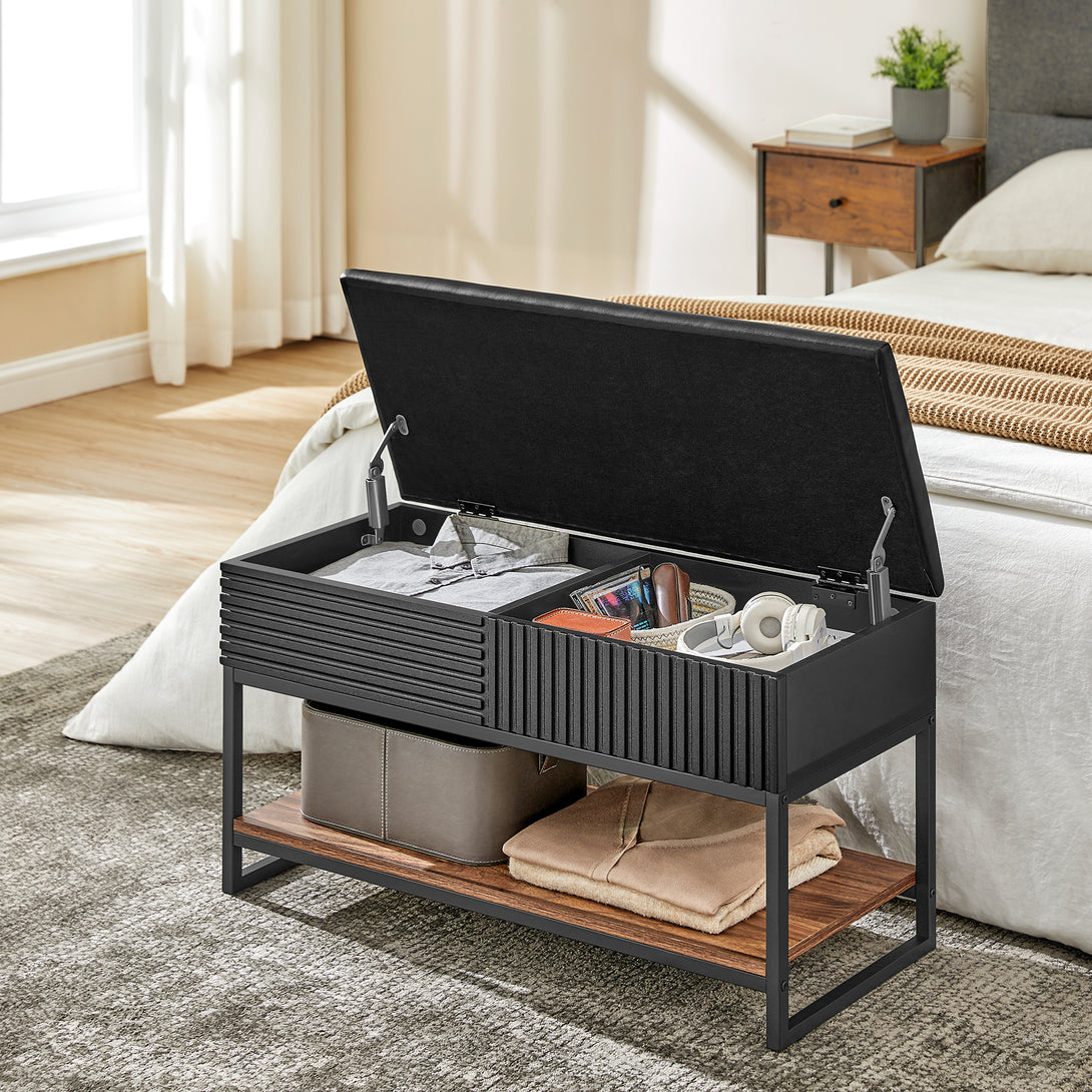 Bancheta cu spatiu de depozitare , 80x35x46 cm, MDF/PAL/poliuretan, maro/negru