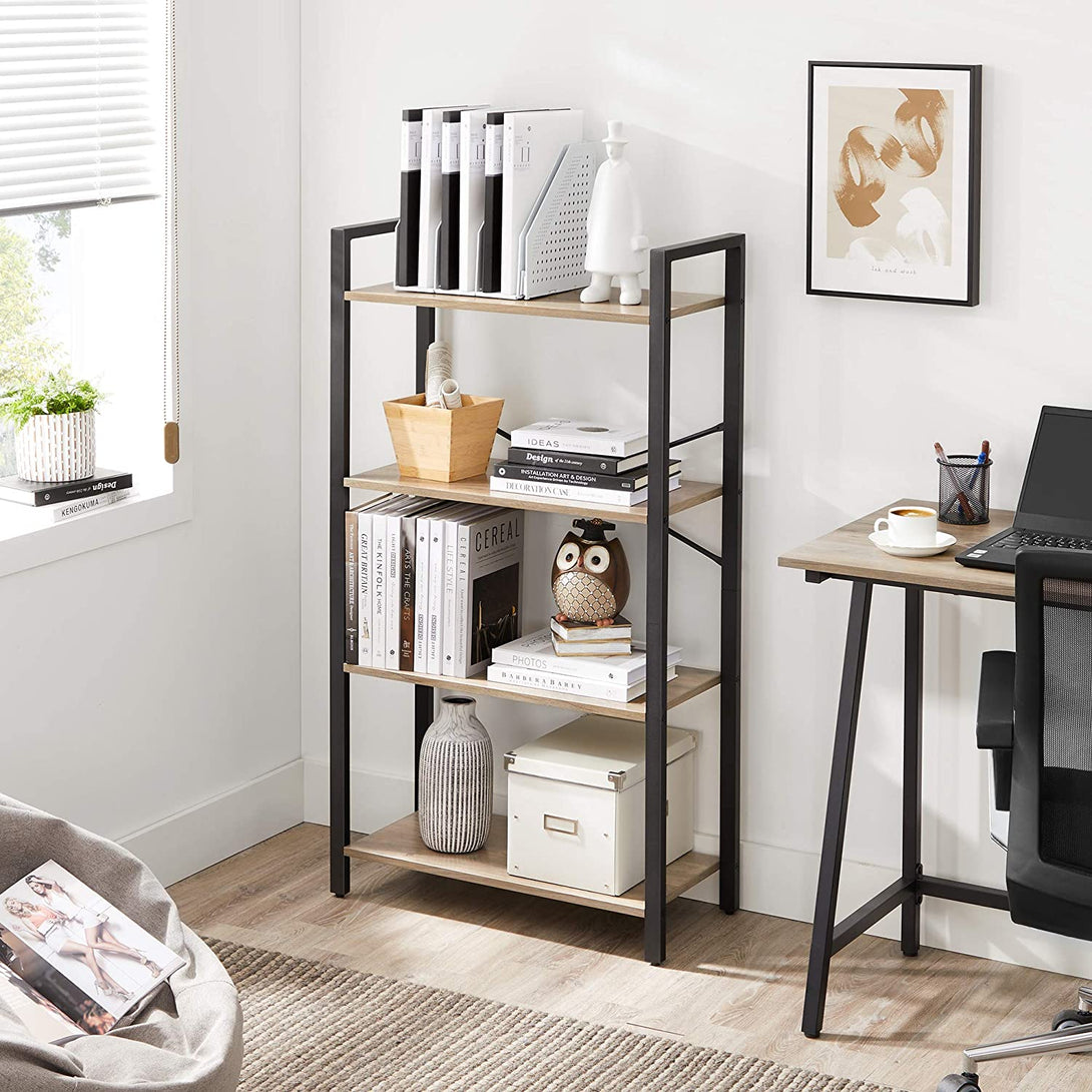 Bibliotecă cu 4 niveluri, raft de depozitare 66 x 120 x 30 cm, Greige-negru