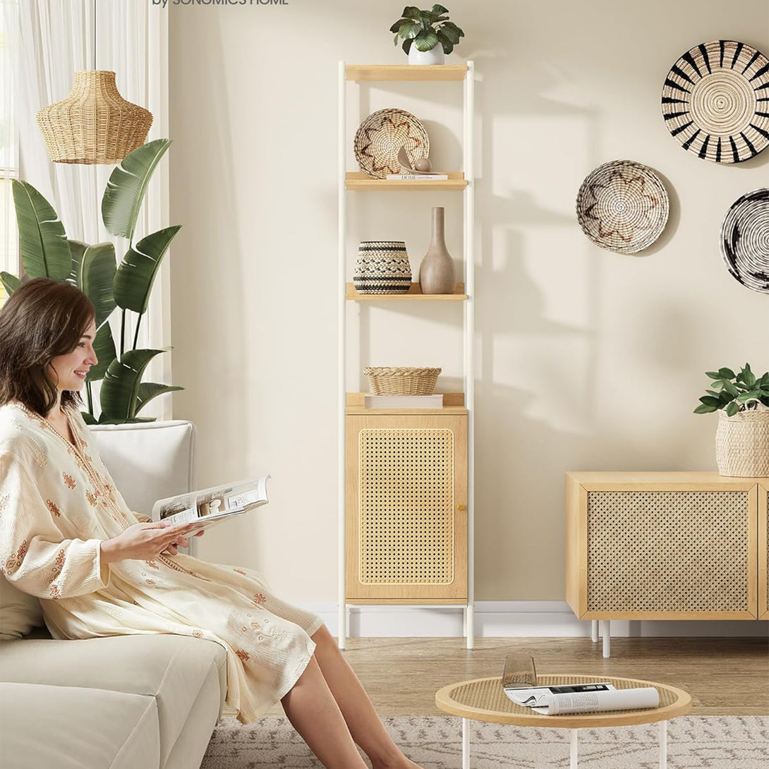 Biblioteca cu 6 niveluri , stil Boho , cadru metalic , bej-alb