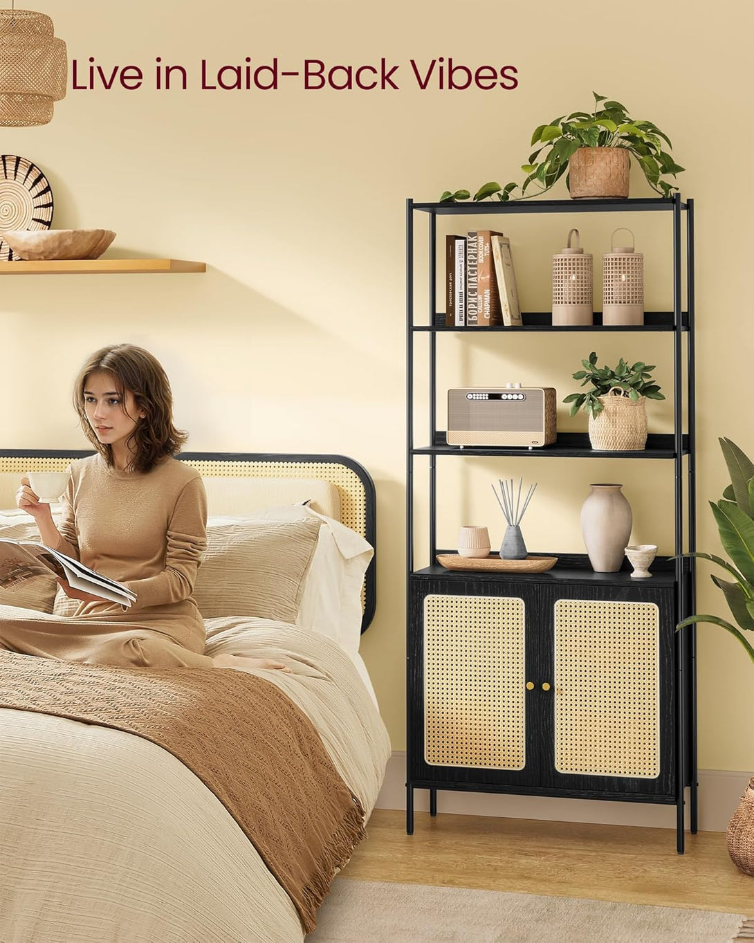 Biblioteca cu 6 niveluri , stil Boho , cadru metalic ,negru