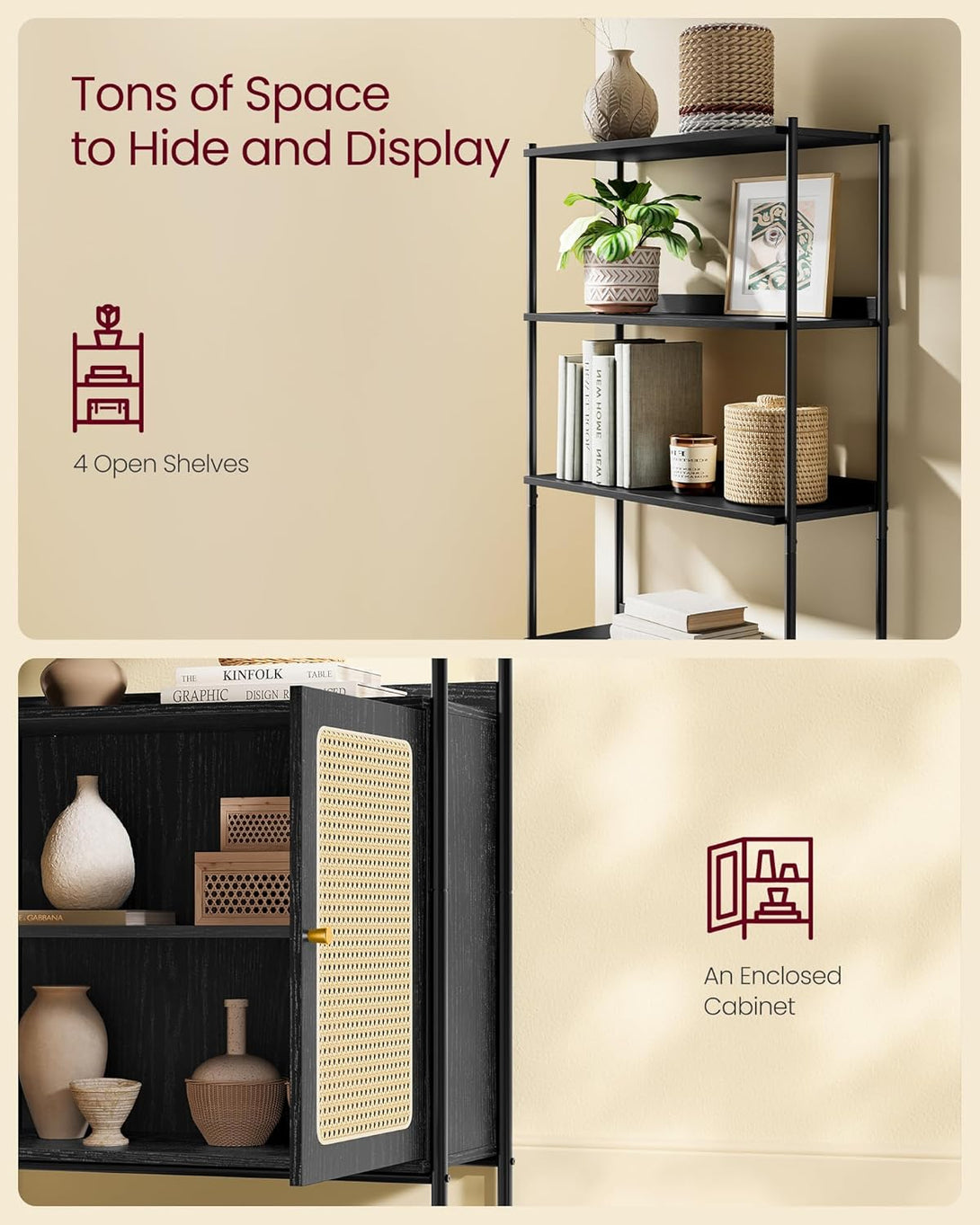 Biblioteca cu 6 niveluri , stil Boho , cadru metalic ,negru
