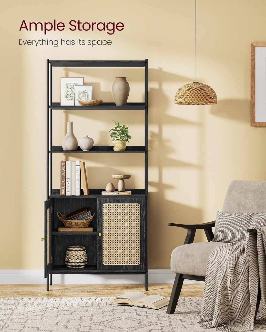 Biblioteca cu 6 niveluri , stil Boho , cadru metalic ,negru