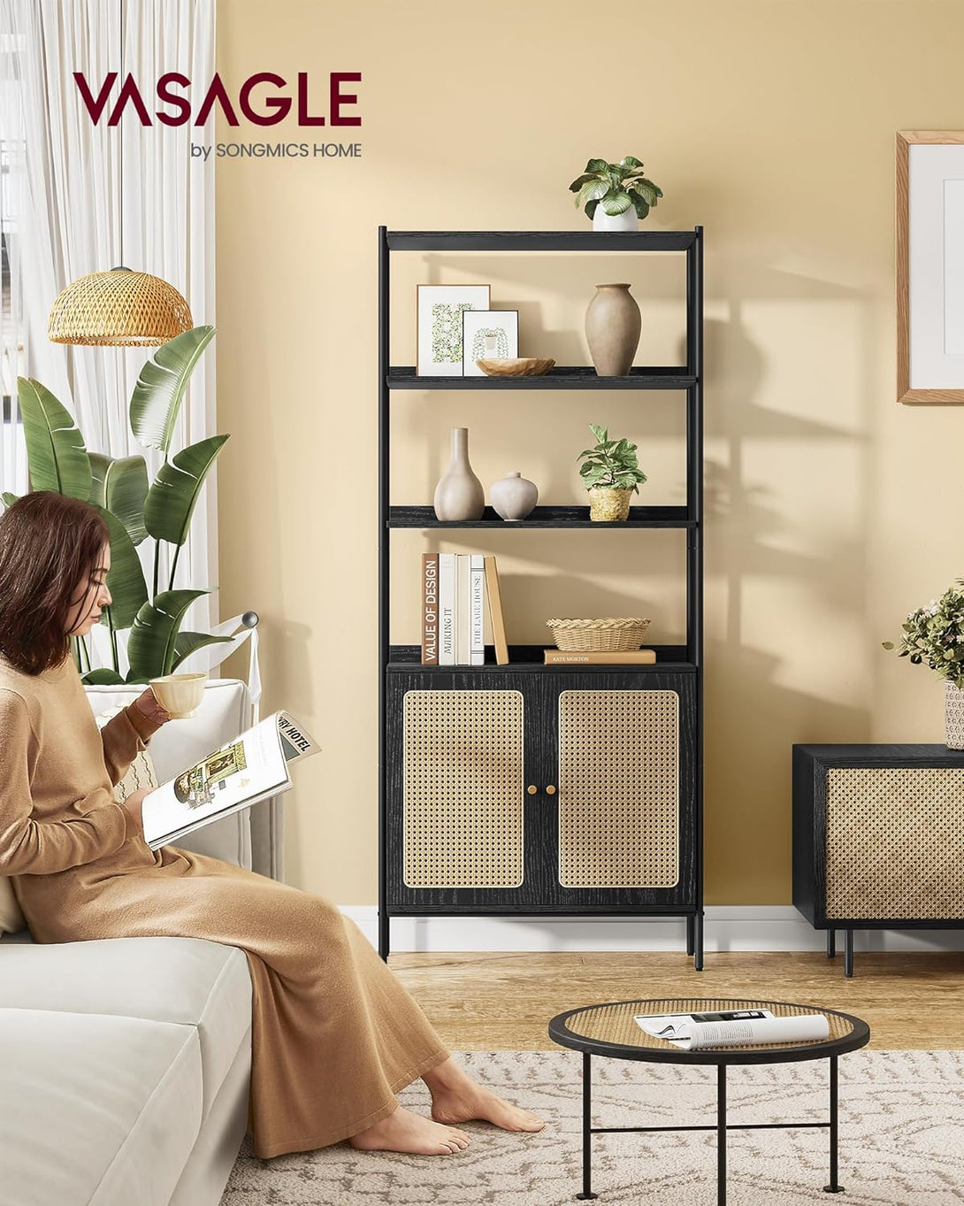 Biblioteca cu 6 niveluri , stil Boho , cadru metalic ,negru