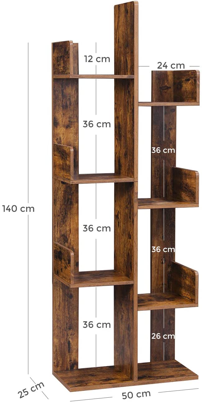 Bibliotecă din lemn, raft pe picioare cu 8 compartimente, raft depozitare, 50 x 25 x 140 cm