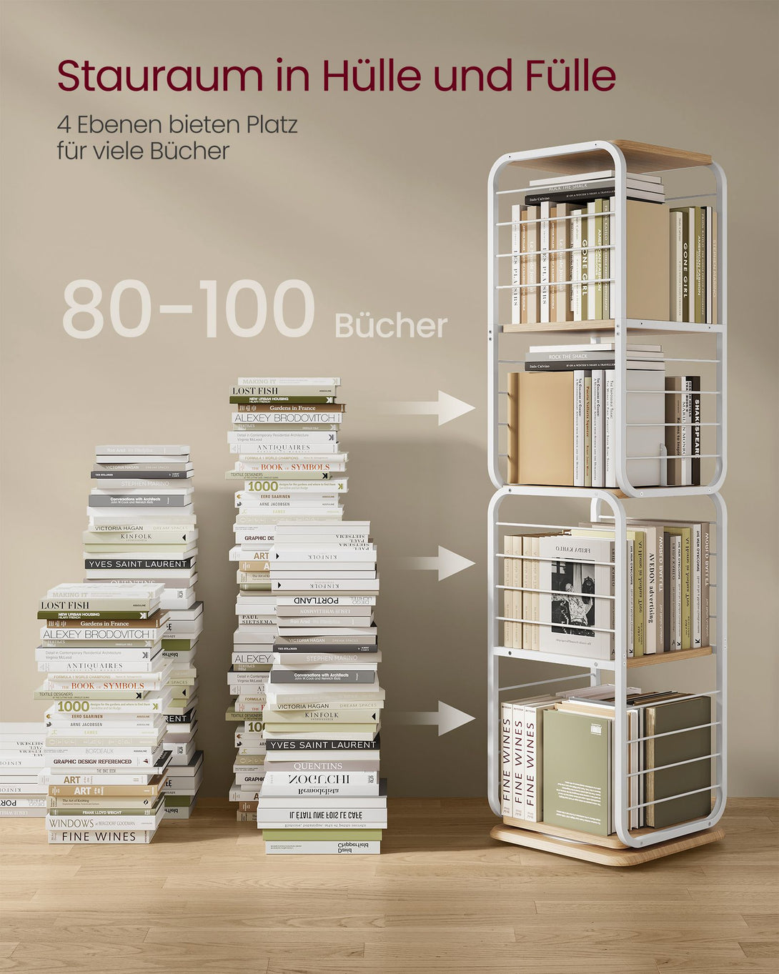 Bibliotecă pe 4 niveluri, raft rotativ, cadru din oțel, bej și alb