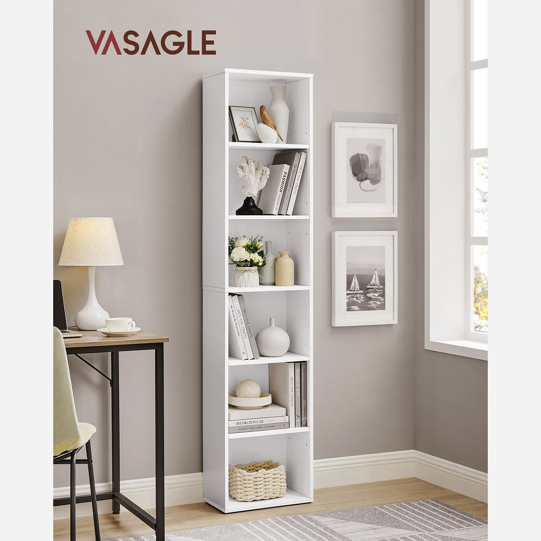 Bibliotecă, raft deschis cu 6 niveluri, unitate de rafturi verticale, 24 x 40 x 178,5 cm, alb