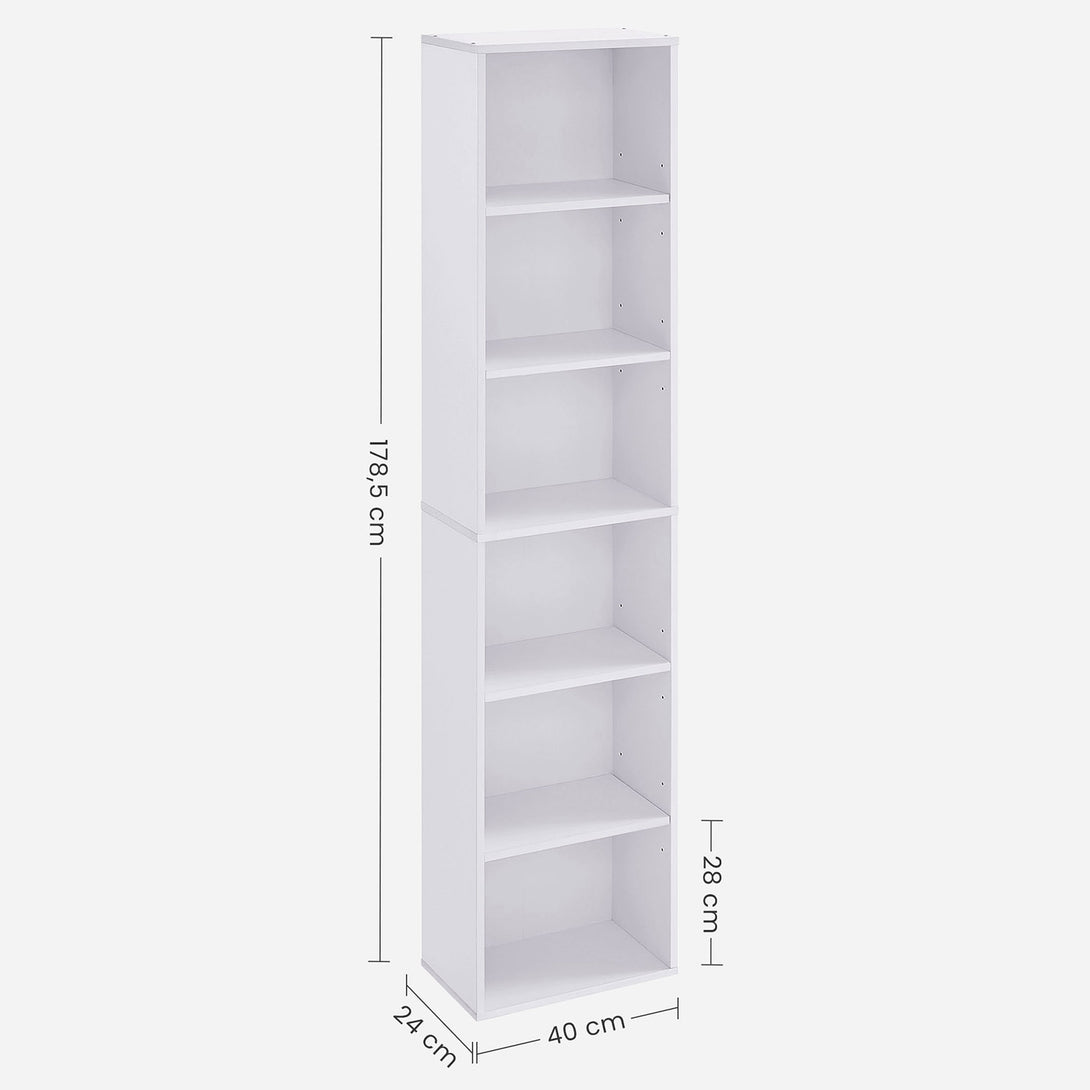 Bibliotecă, raft deschis cu 6 niveluri, unitate de rafturi verticale, 24 x 40 x 178,5 cm, alb
