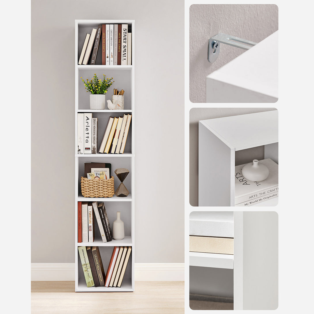Bibliotecă, raft deschis cu 6 niveluri, unitate de rafturi verticale, 24 x 40 x 178,5 cm, alb