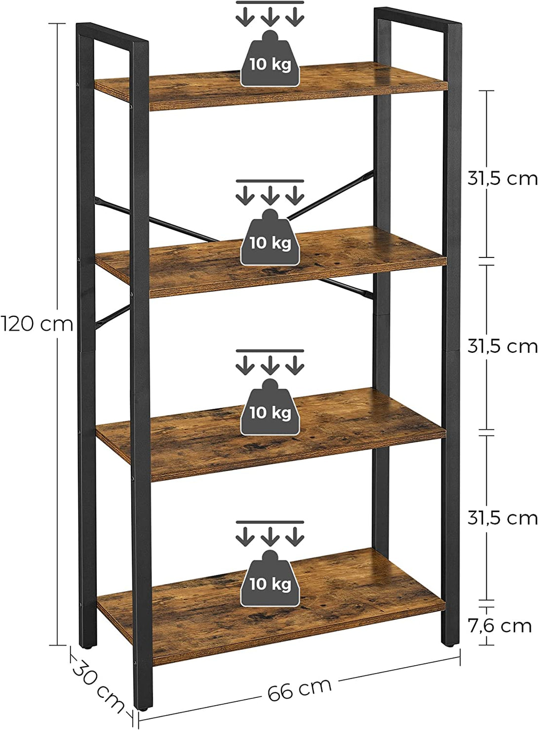 Bibliotecă rustică, raft depozitare 66 x 30 x 120 cm maro închis