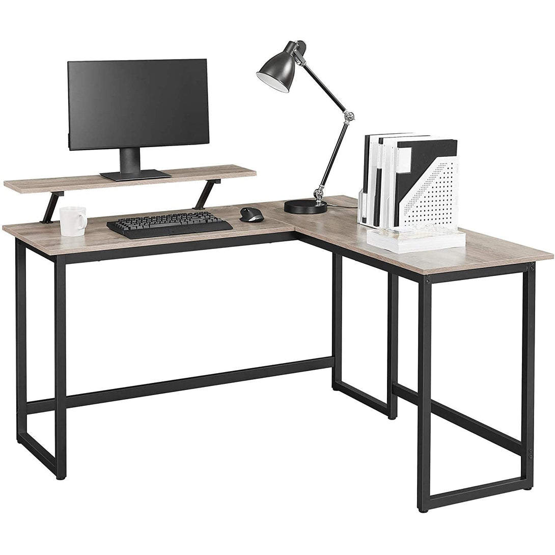 Birou de calculator în formă de L cu suport pentru monitor, gri - negru