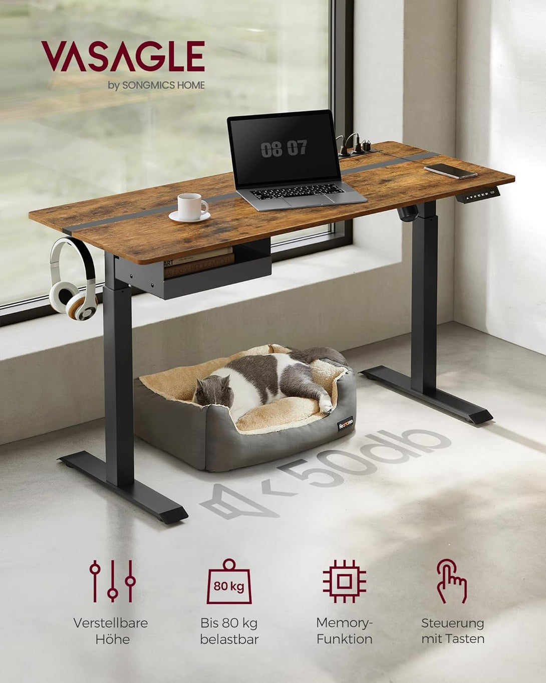 Birou electric reglabil pe inaltime cu priza si sertar, 140 x 60 cm maro-negru