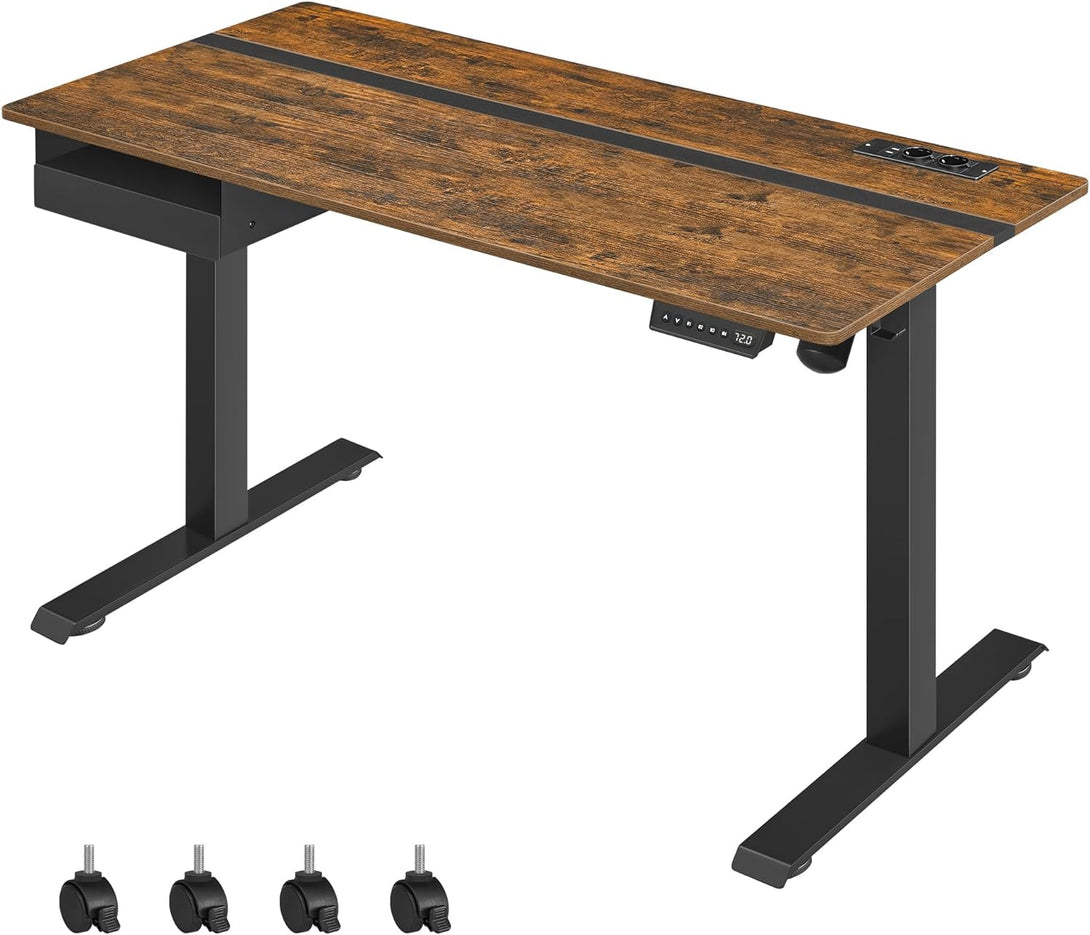Birou electric reglabil pe inaltime cu priza si sertar, 140 x 60 cm maro-negru