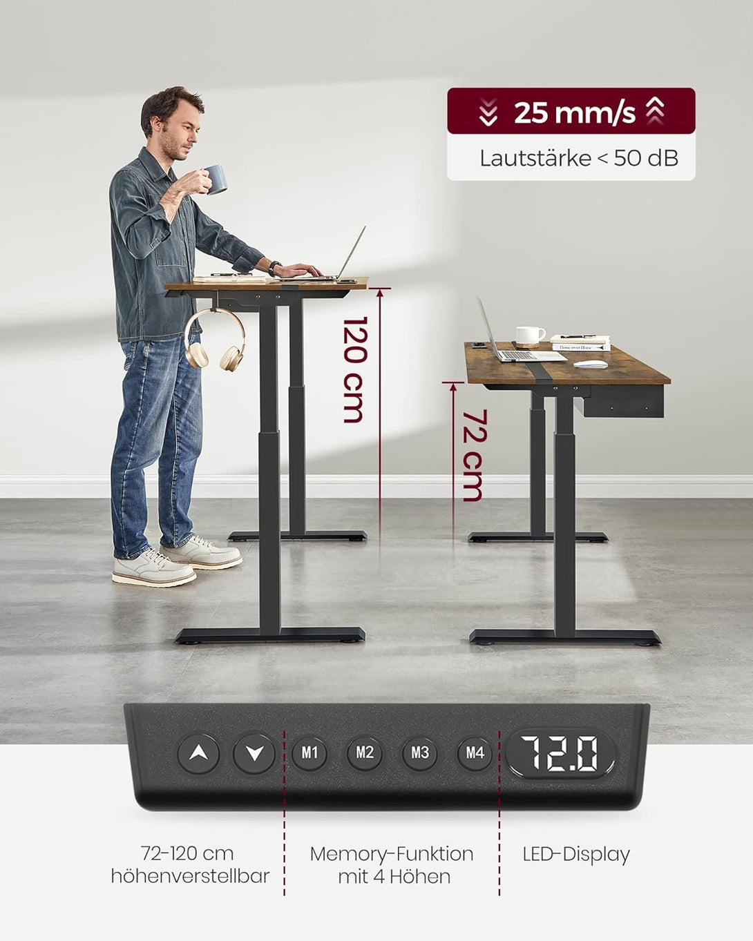 Birou electric reglabil pe inaltime cu priza si sertar, 140 x 60 cm maro-negru