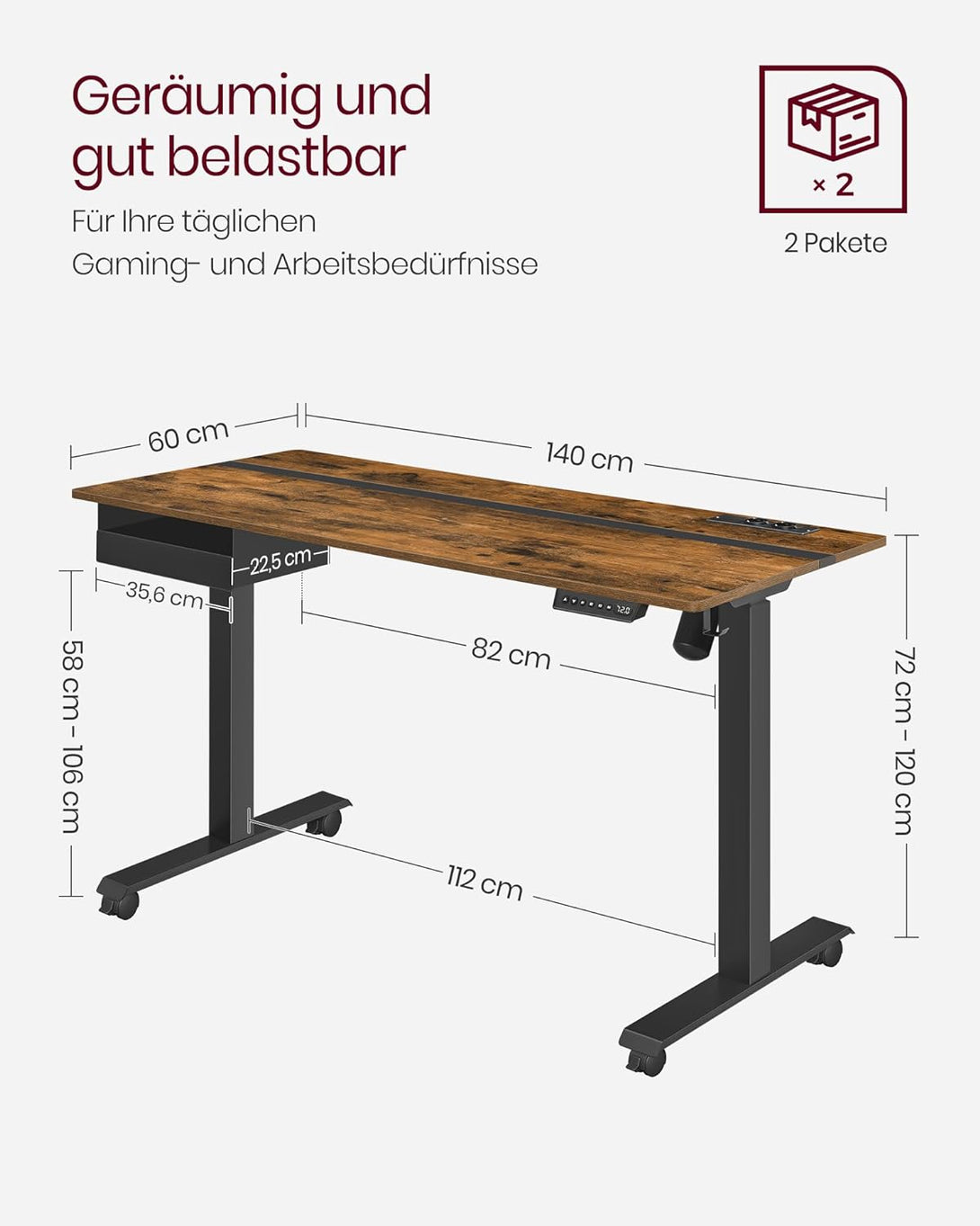 Birou electric reglabil pe inaltime cu priza si sertar, 140 x 60 cm maro-negru