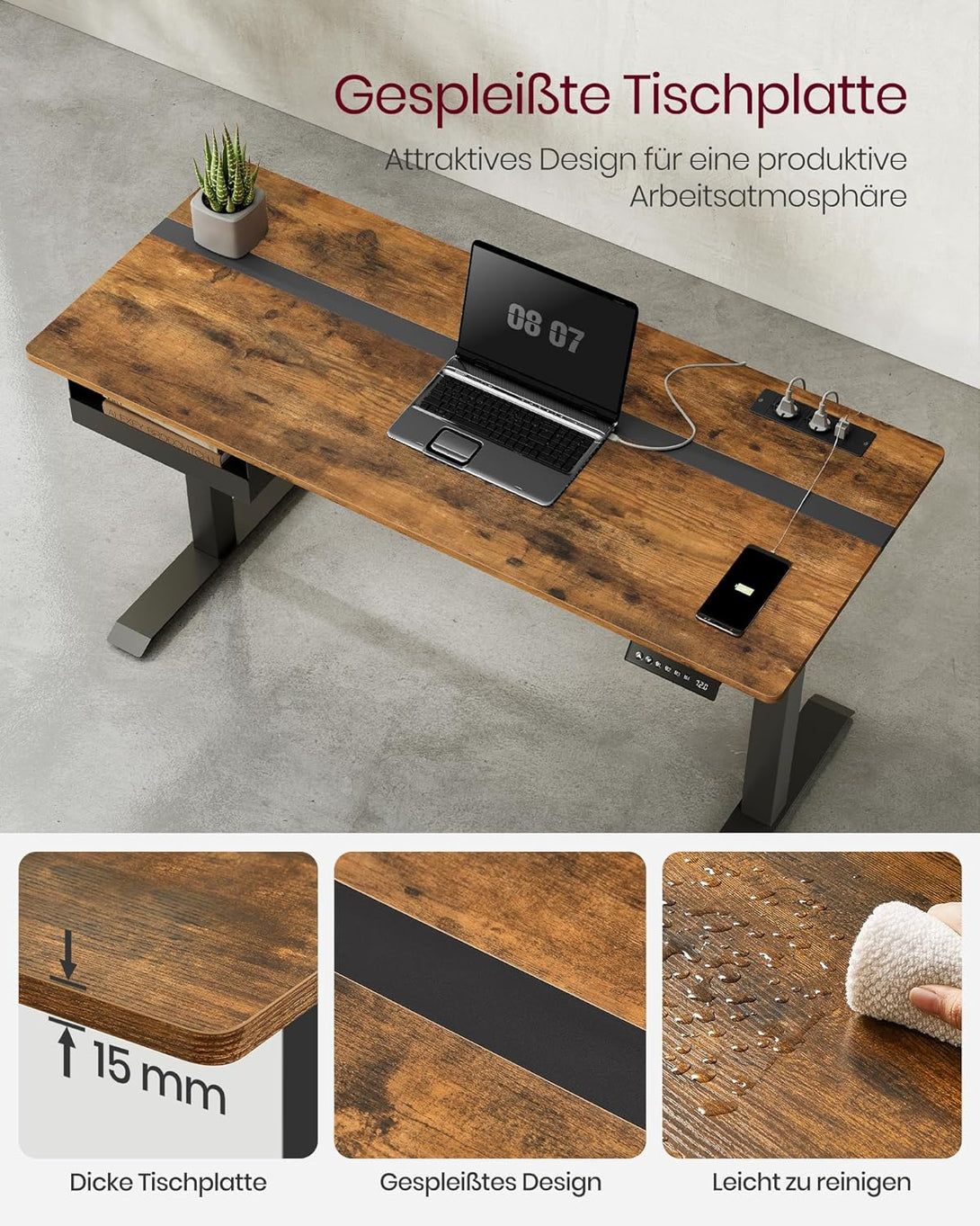 Birou electric reglabil pe inaltime cu priza si sertar, 140 x 60 cm maro-negru