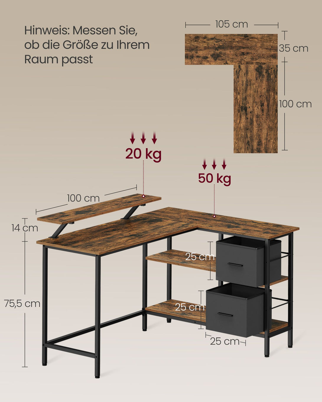 Birou in forma de L cu 2 sertare spatioase, birou calculator cu raft de depozitare reglabil, maro rustic