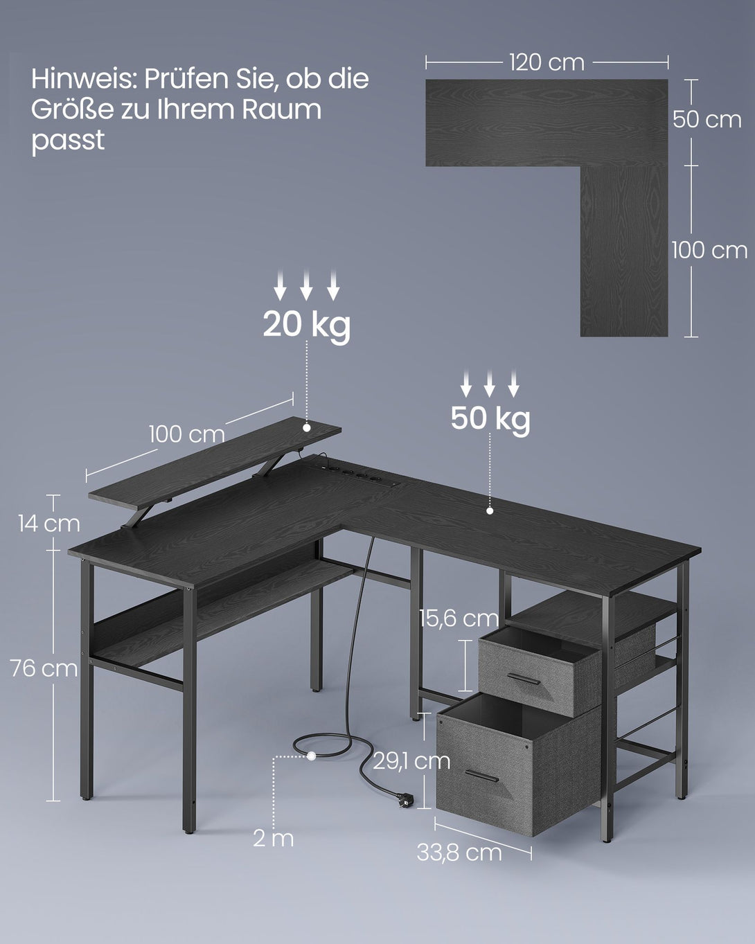 Birou in forma de L cu prize, birou computer cu iluminare LED, negru