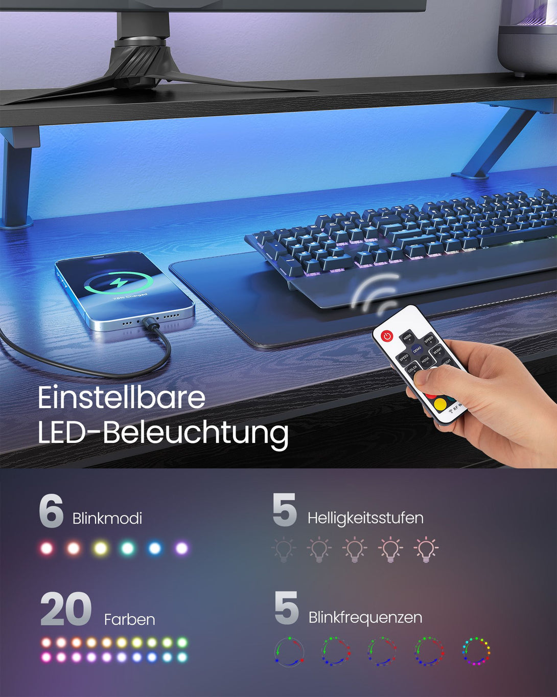 Birou in forma de L cu prize, birou computer cu iluminare LED, negru