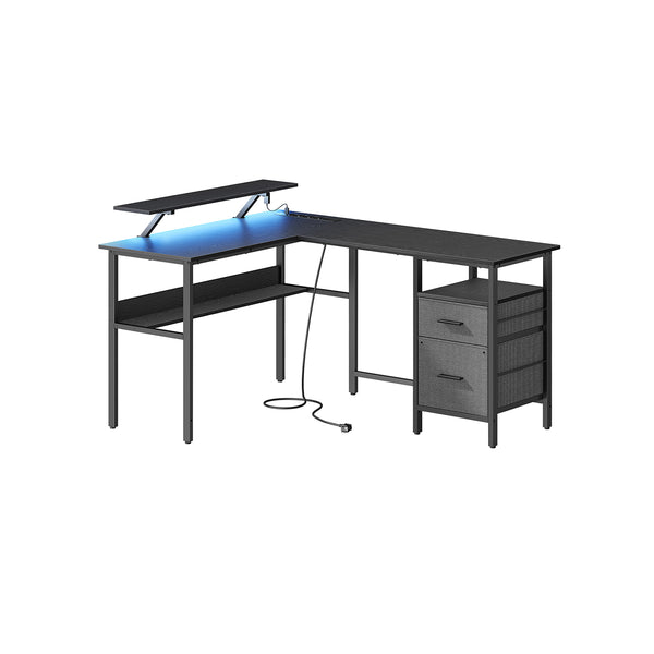 Birou in forma de L cu prize, birou computer cu iluminare LED, negru