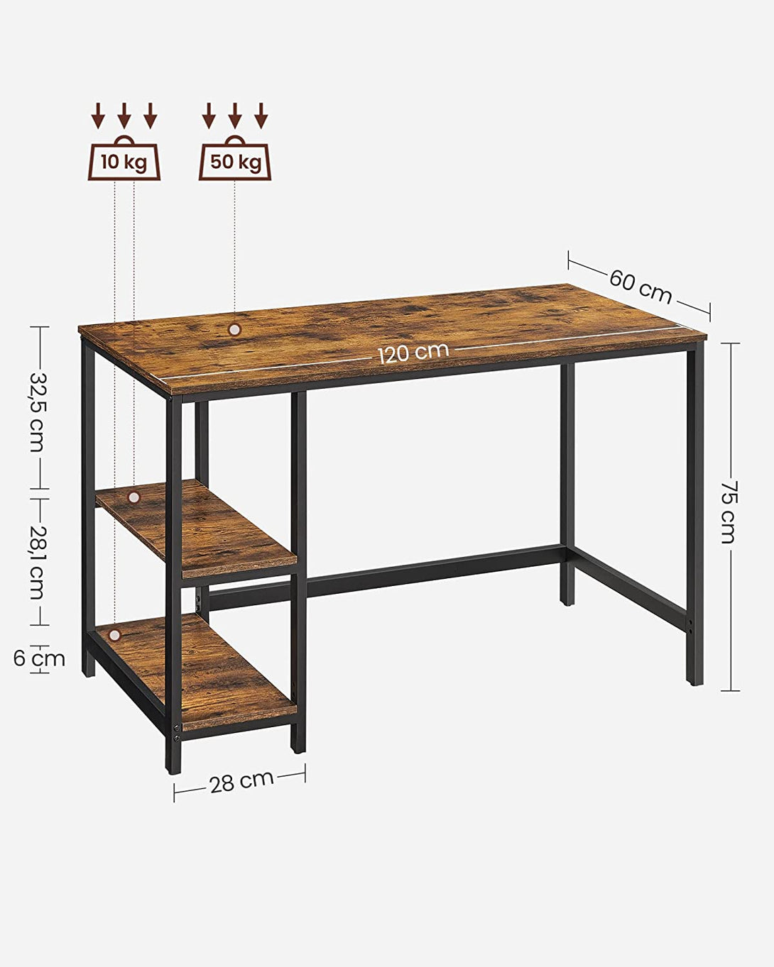 Birou, masă computer cu 2 rafturi pe partea stângă sau dreapta 120 x 60 x 75 cm