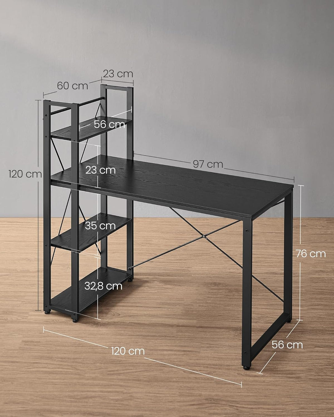 Birou pentru computer, birou cu rafturi de depozitare, negru