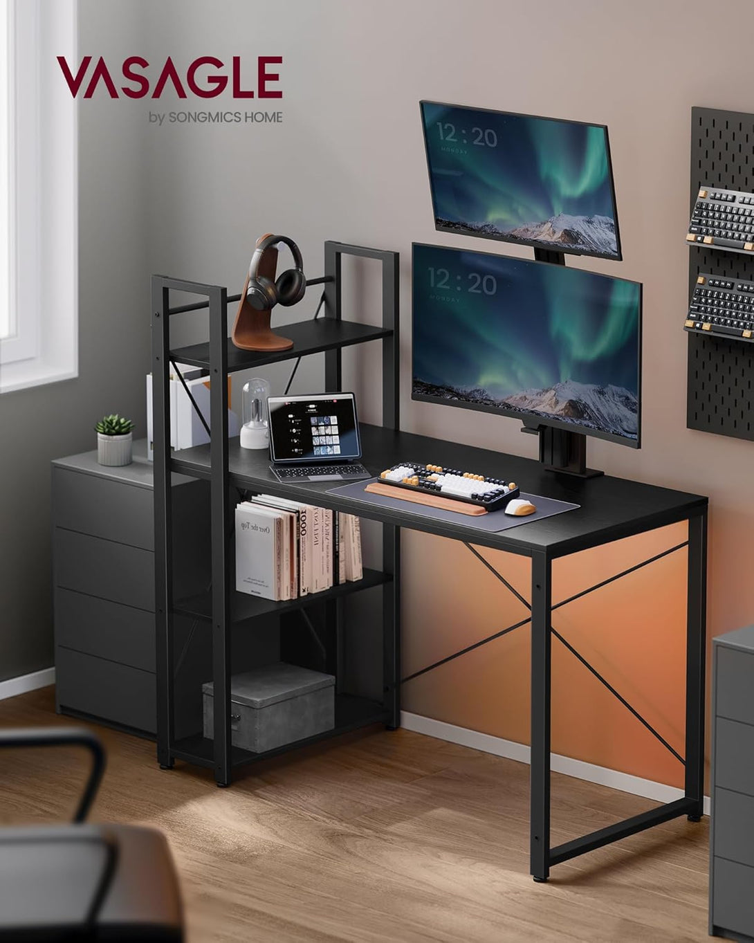 Birou pentru computer, birou cu rafturi de depozitare, negru