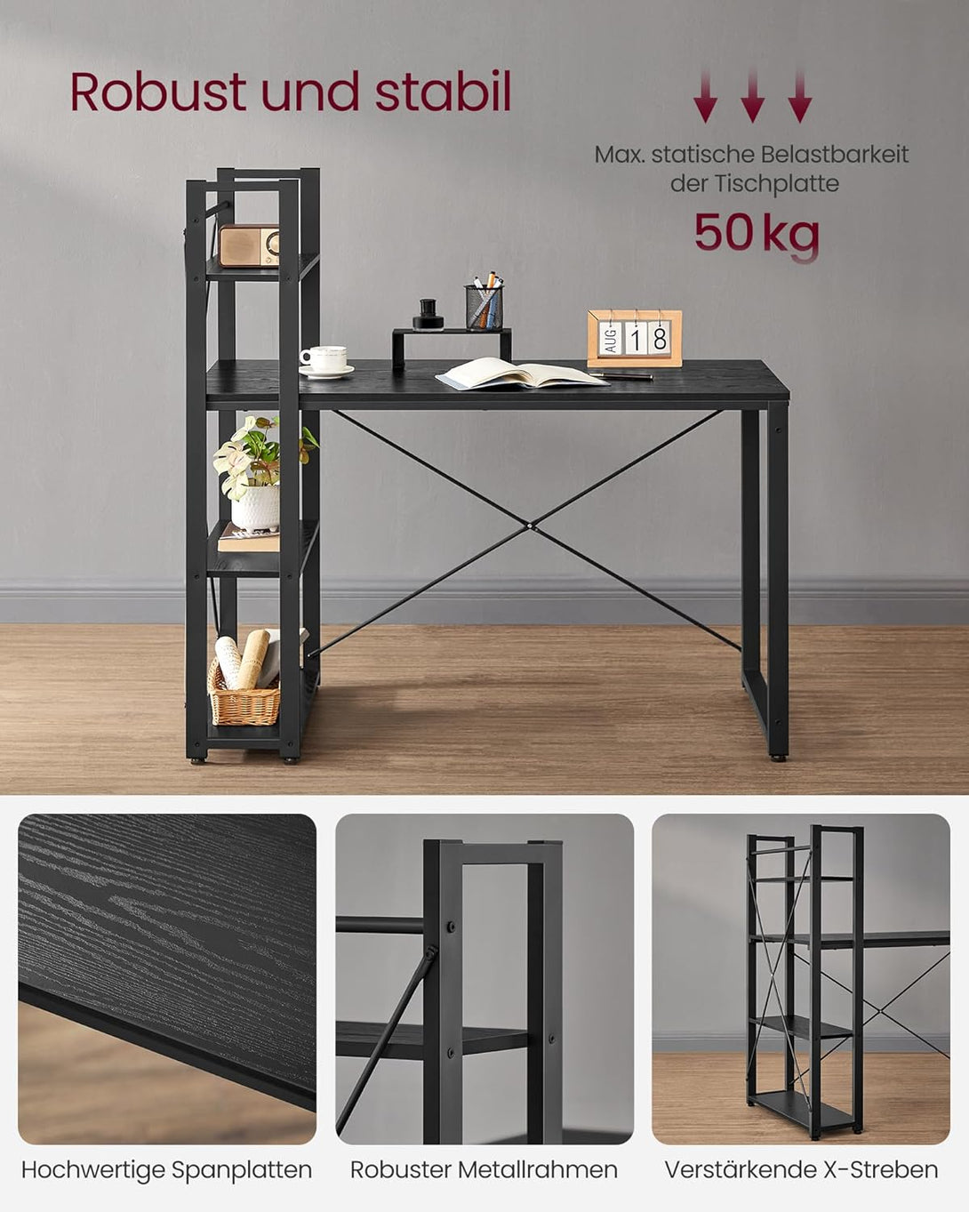 Birou pentru computer, birou cu rafturi de depozitare, negru