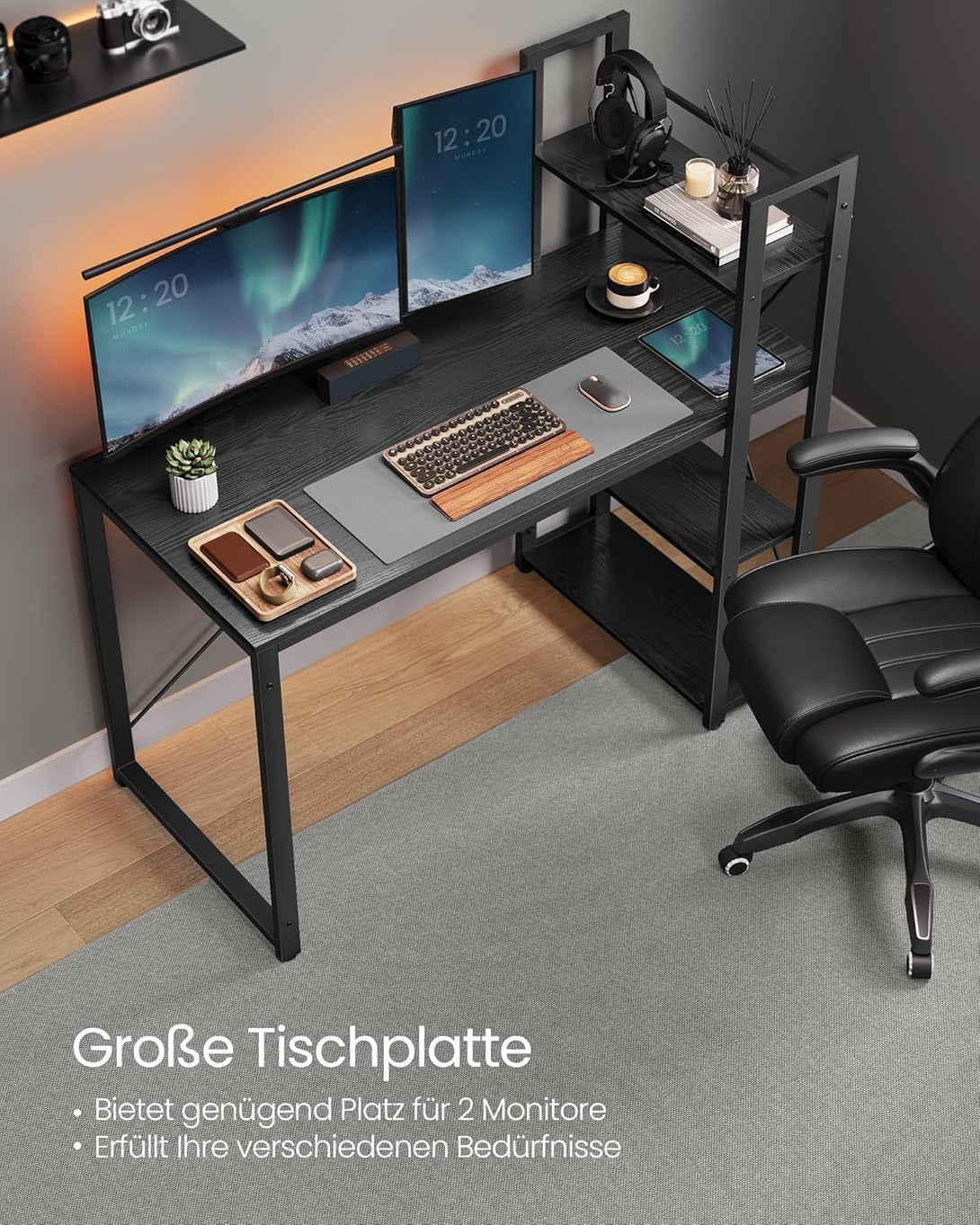 Birou pentru computer, birou cu rafturi de depozitare, negru