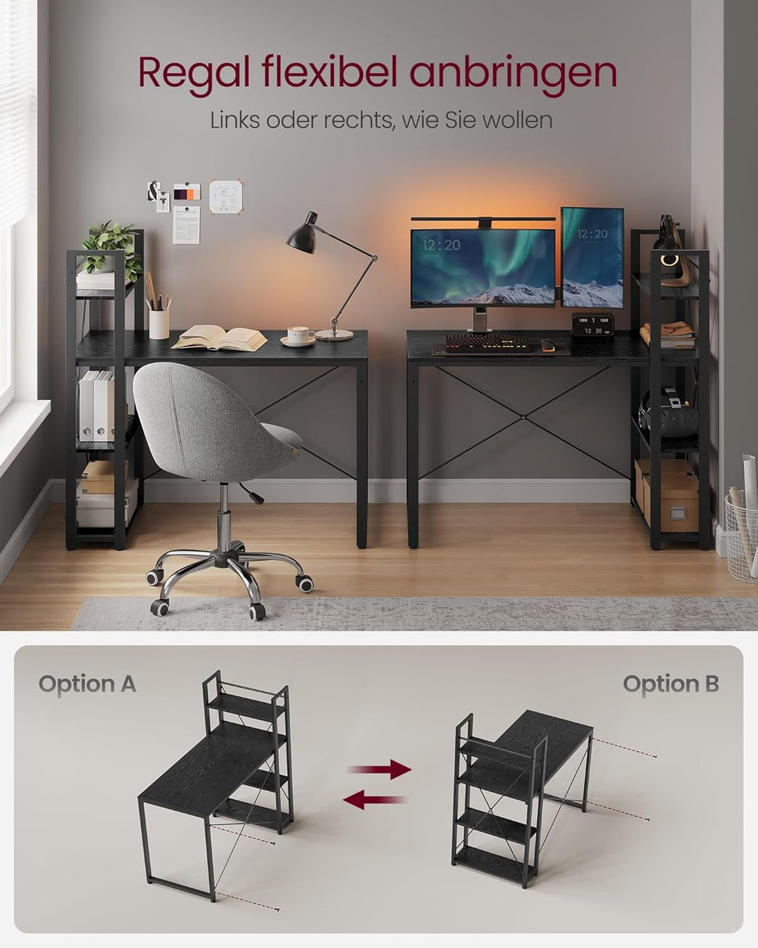 Birou pentru computer, birou cu rafturi de depozitare, negru