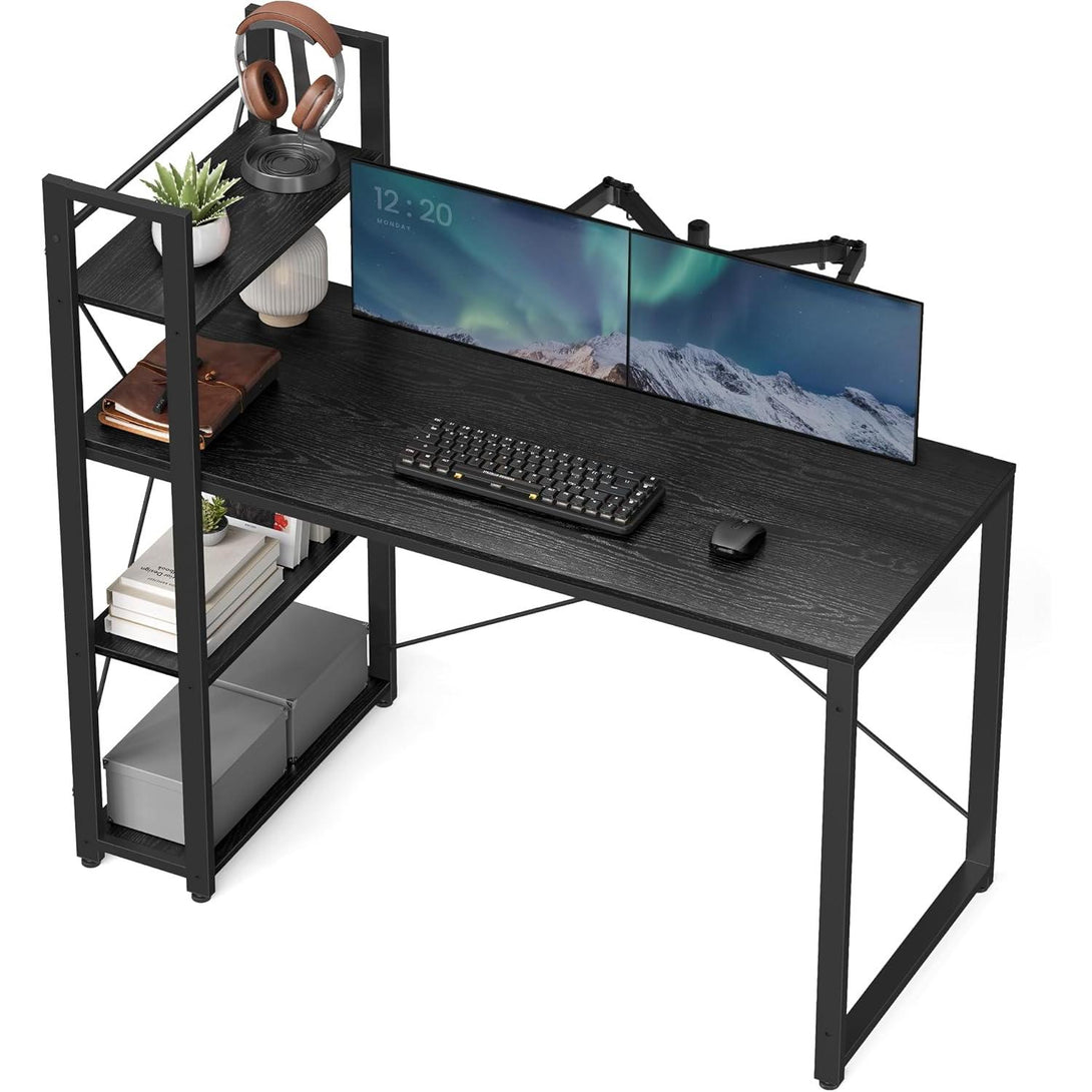 Birou pentru computer, birou cu rafturi de depozitare, negru