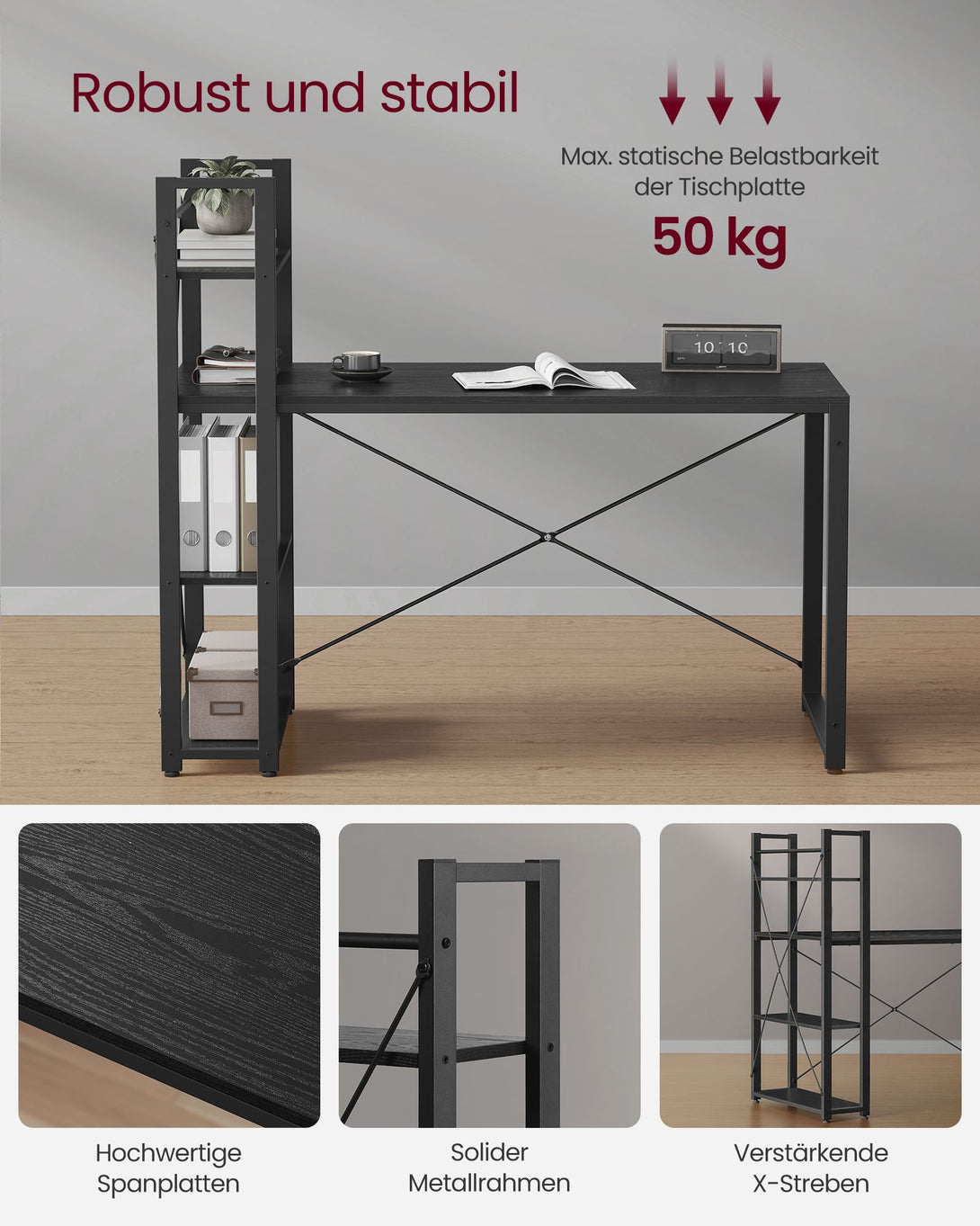 Birou pentru computer cu rafturi de depozitare, negru