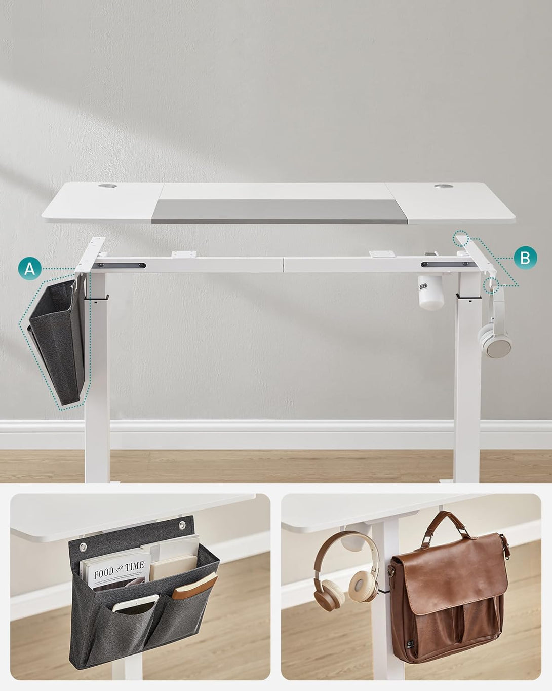 Birou reglabil electric pe înălțime, 60 x 140 x 72–120 cm, alb/gri