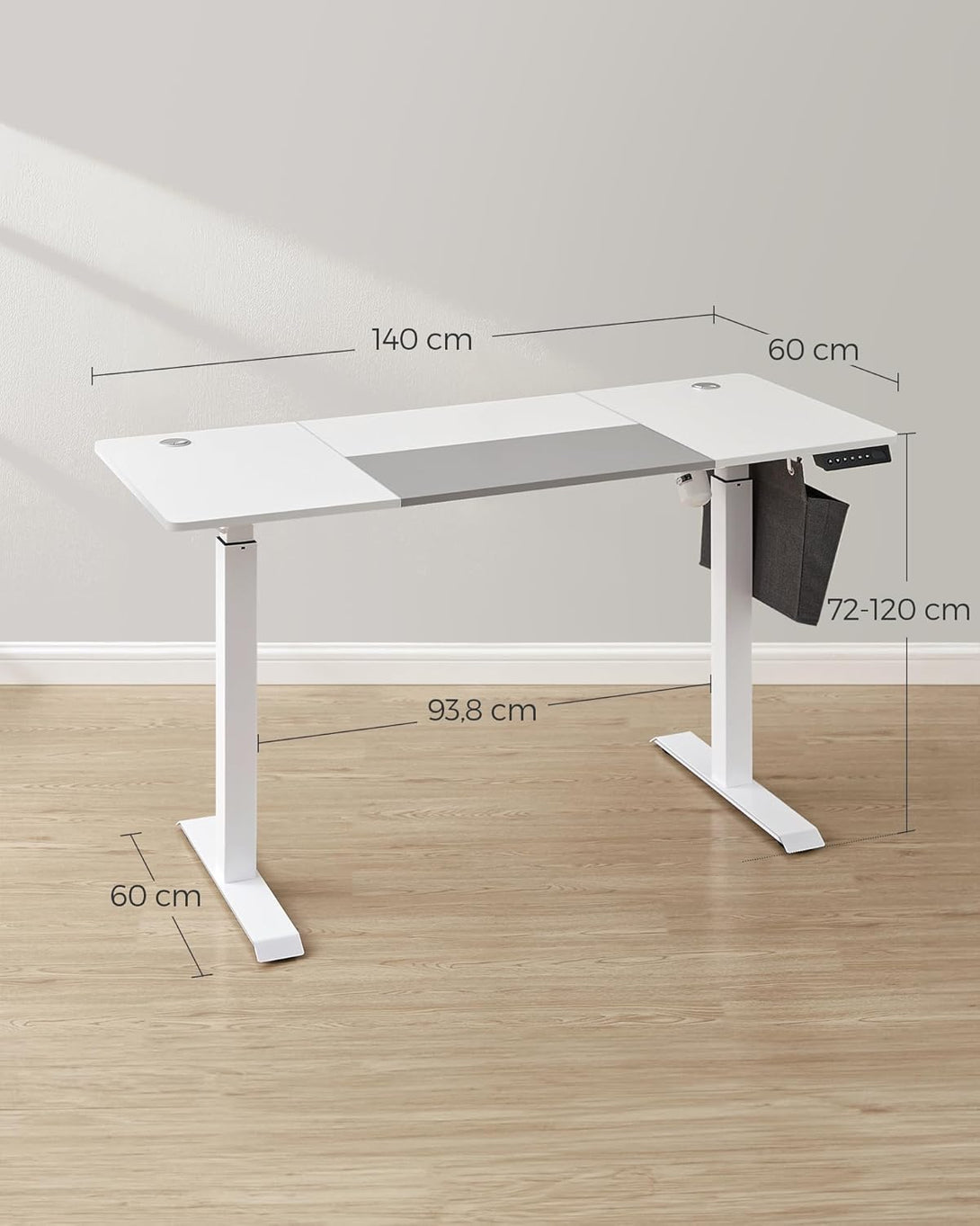 Birou reglabil electric pe înălțime, 60 x 140 x 72–120 cm, alb/gri
