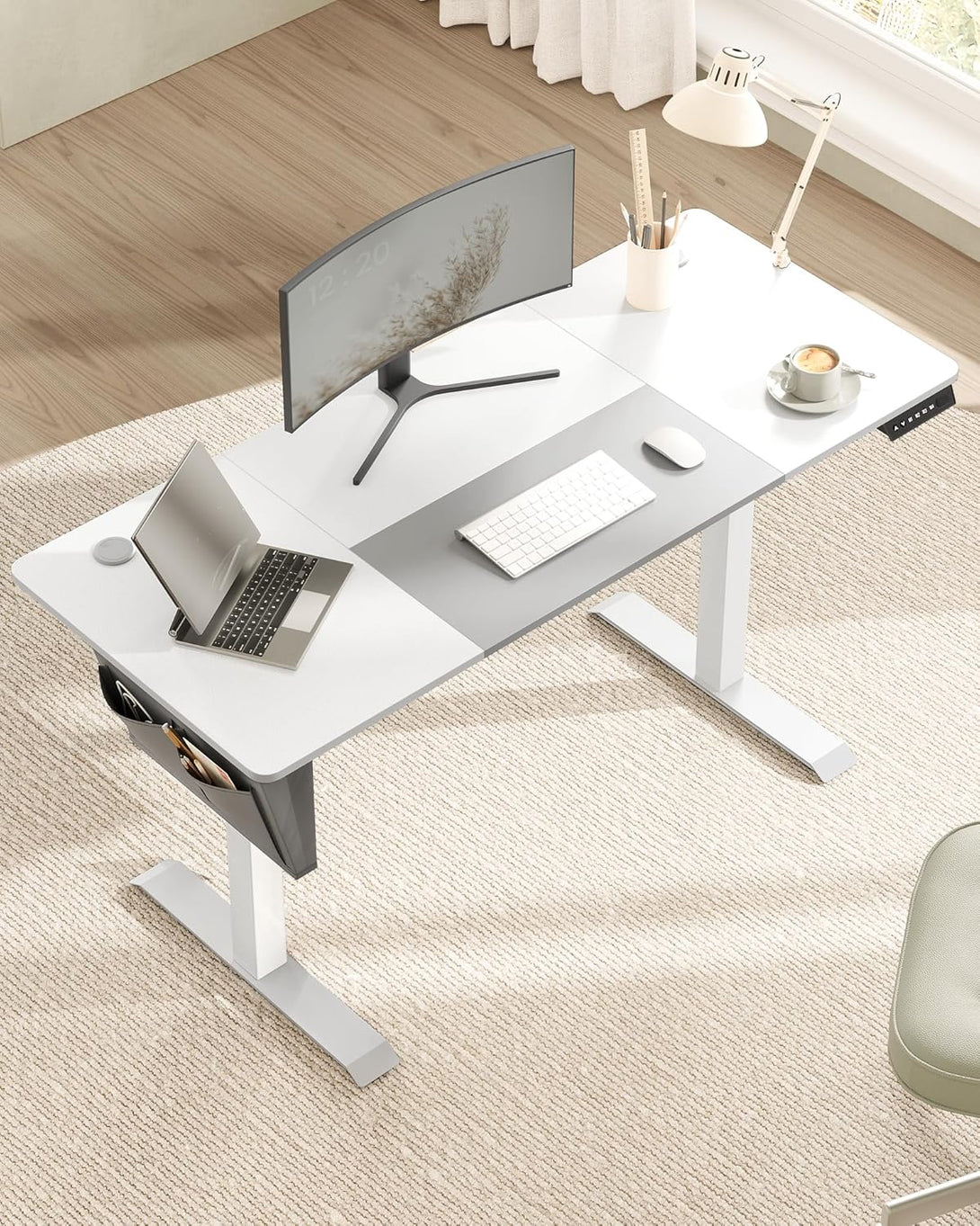 Birou reglabil electric pe înălțime, 60 x 140 x 72–120 cm, alb/gri