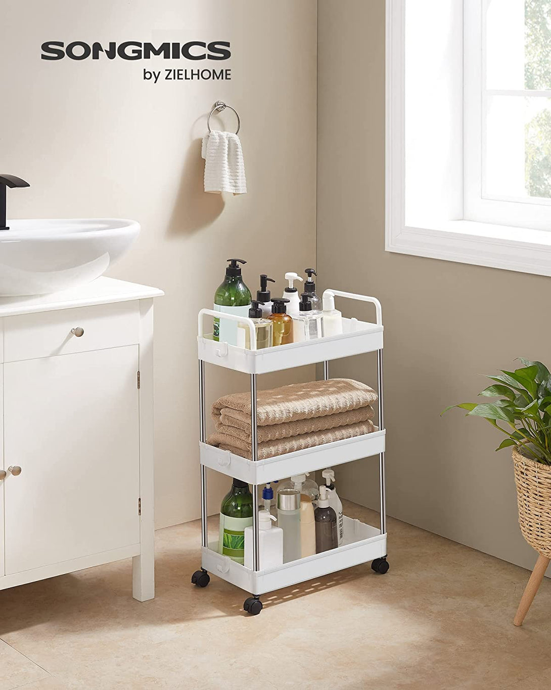 Carucior de depozitare, carucior de baie bucatarie pe 3 nivele 40 x 67 x 22 cm, alb