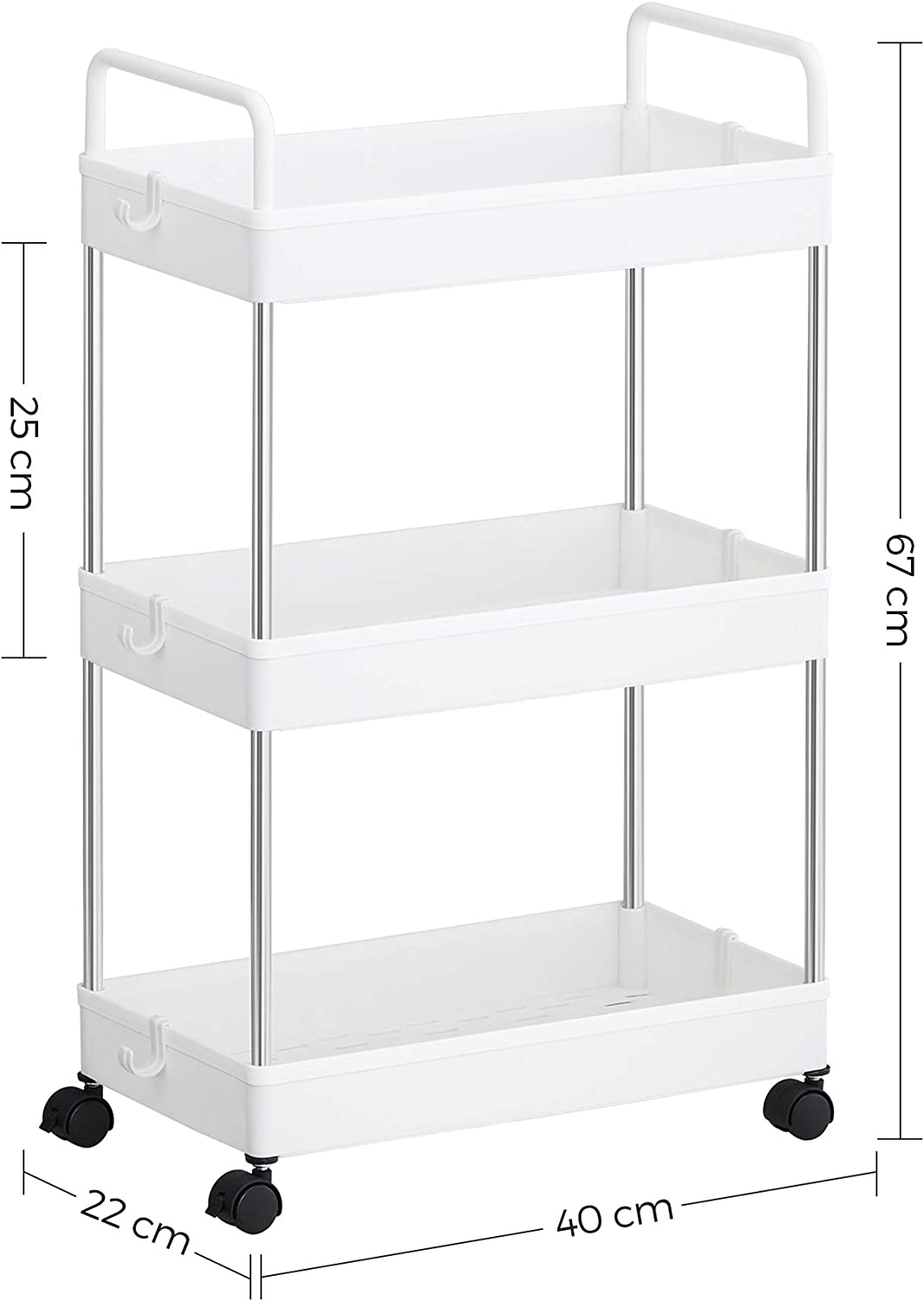 Carucior de depozitare, carucior de baie bucatarie pe 3 nivele 40 x 67 x 22 cm, alb