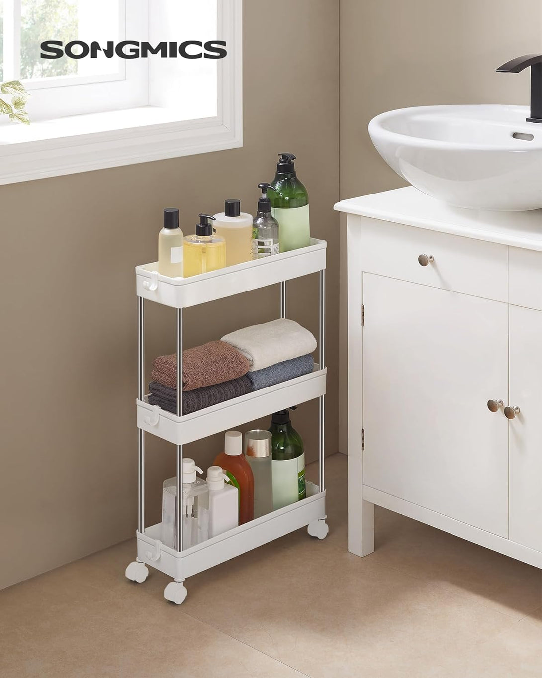 Carucior de depozitare, raft rulant, pe 3 nivele, 40 x 12,5 x 60 cm, alb