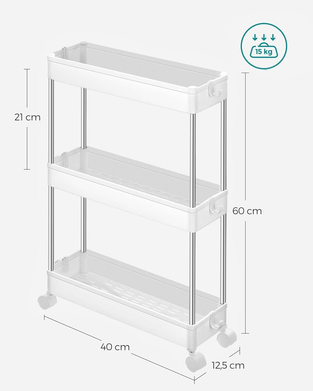 Carucior de depozitare, raft rulant, pe 3 nivele, 40 x 12,5 x 60 cm, alb