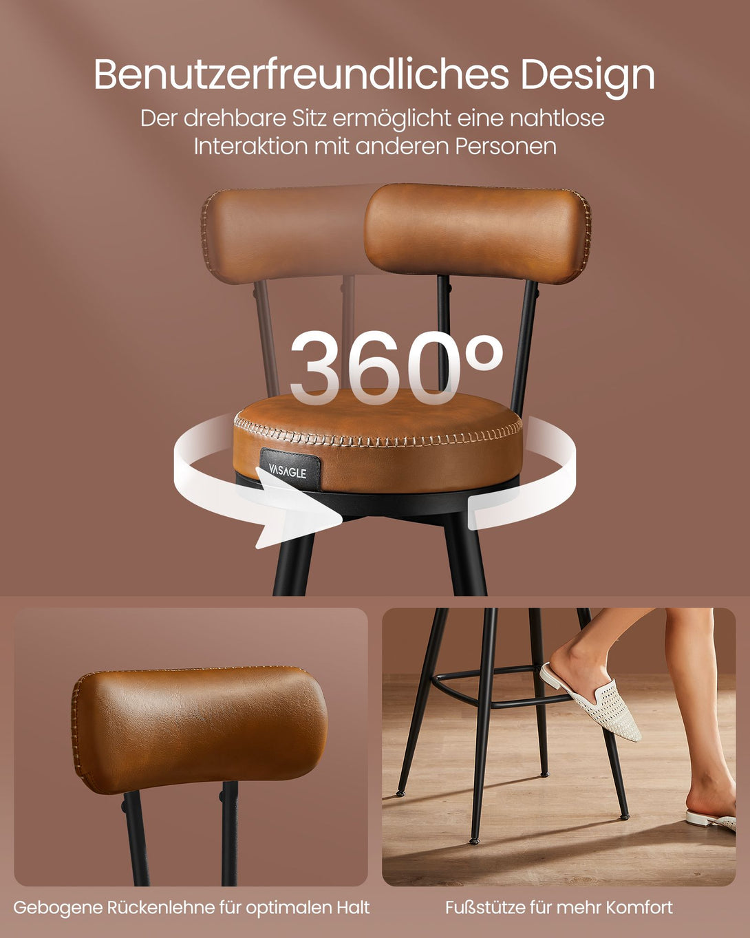 Colecția EKHO - Taburete de bar 2 scaune de bar pivotante cu spătar cu cusături din piele artificială, maro caramel
