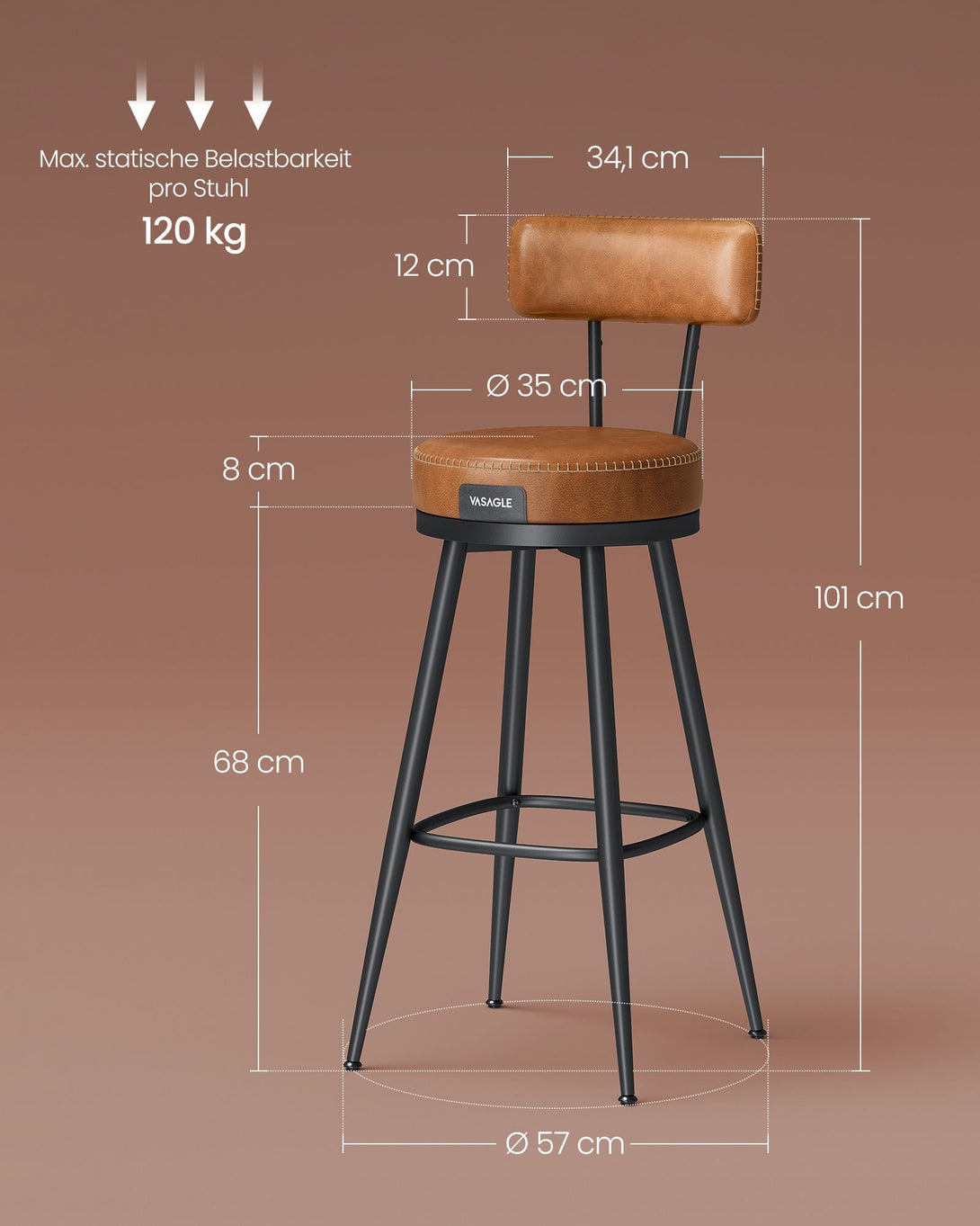 Colecția EKHO - Taburete de bar 2 scaune de bar pivotante cu spătar cu cusături din piele artificială, maro caramel