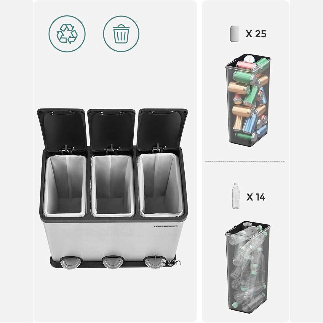 Colector selectiv de deșeuri 54L, coș cu pedală 3 părți