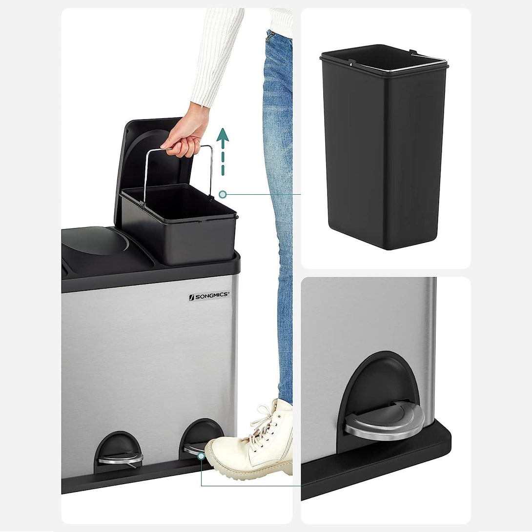 Colector selectiv de deșeuri 54L, coș cu pedală 3 părți