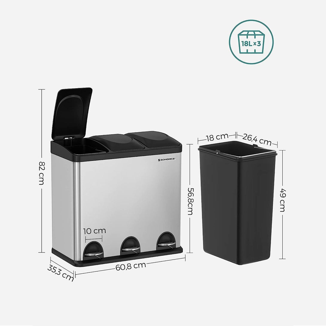 Colector selectiv de deșeuri 54L, coș cu pedală 3 părți