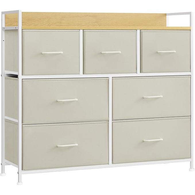 Comoda, 7 sertare din stofa cu manere, cadru metalic, design industrial, alb crem, alb